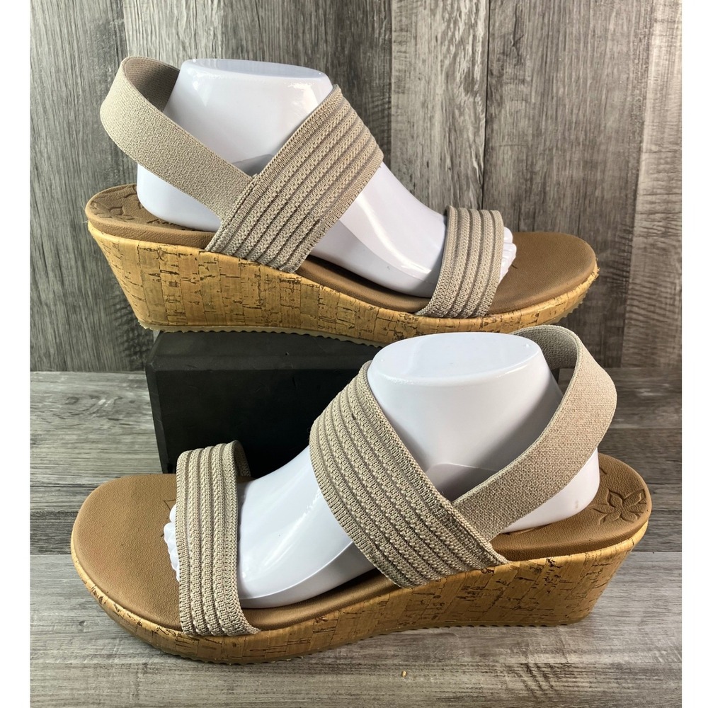 Skechers Cali Luxe Foam Taupe Wedge Sandals Womens 13 119571 TPE Elastic Straps